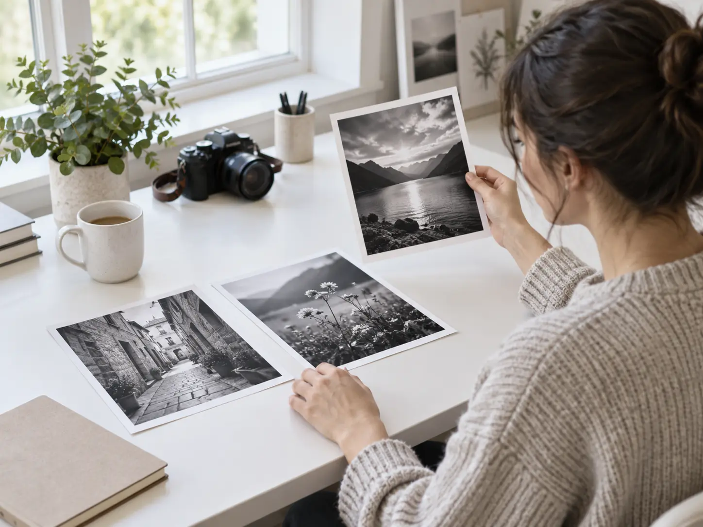 Creator comparing black and white photo prints on a bright desk