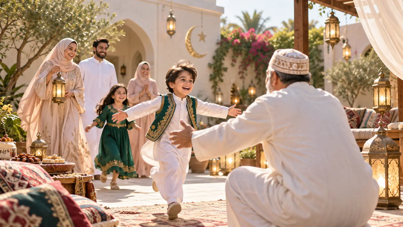 Eid greeting video preview with family photos, short wish text, and warm lantern scenes