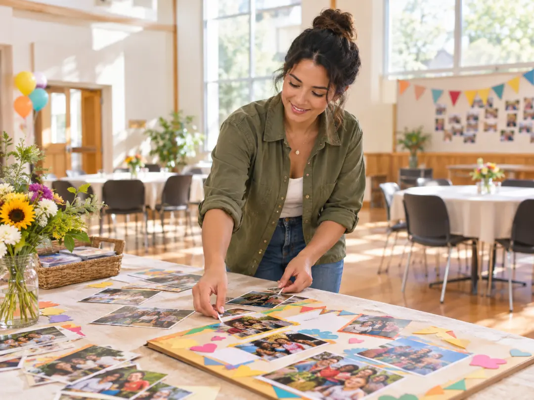 Community Eid greeting storyboard with gathering photos, meal scenes, and closing message