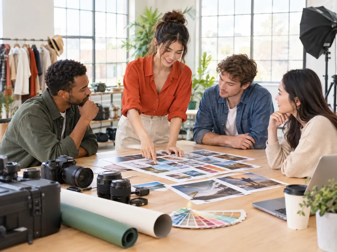 Small team arranging Eid campaign visuals, title text, and soundtrack notes