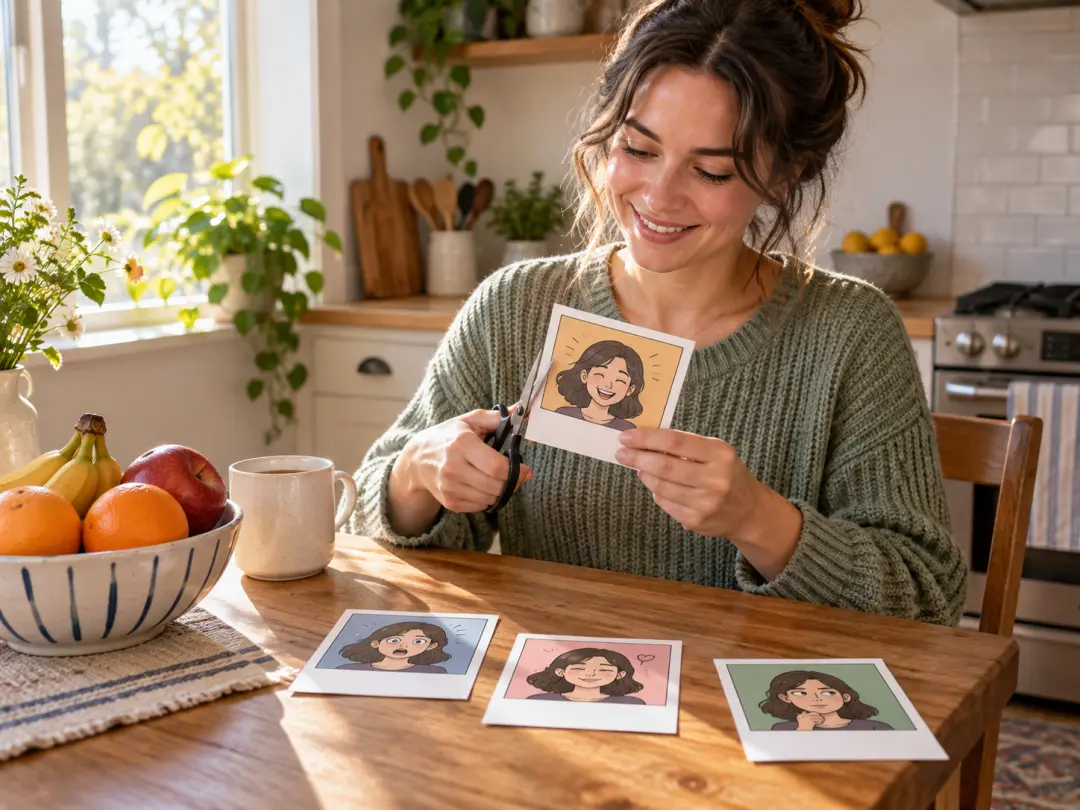 Creative person reviewing original unlabeled comic reaction prints in a bright home workspace