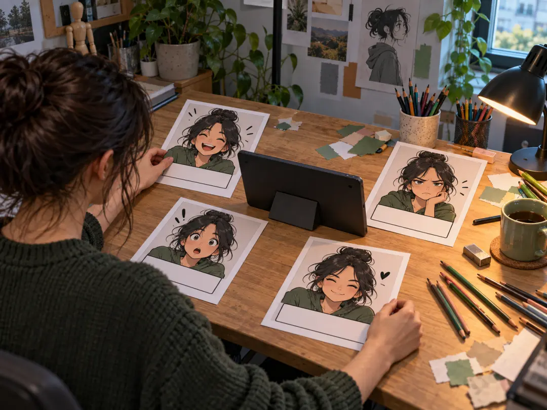 Meme page creator arranging original reaction cards and color swatches in a bright studio