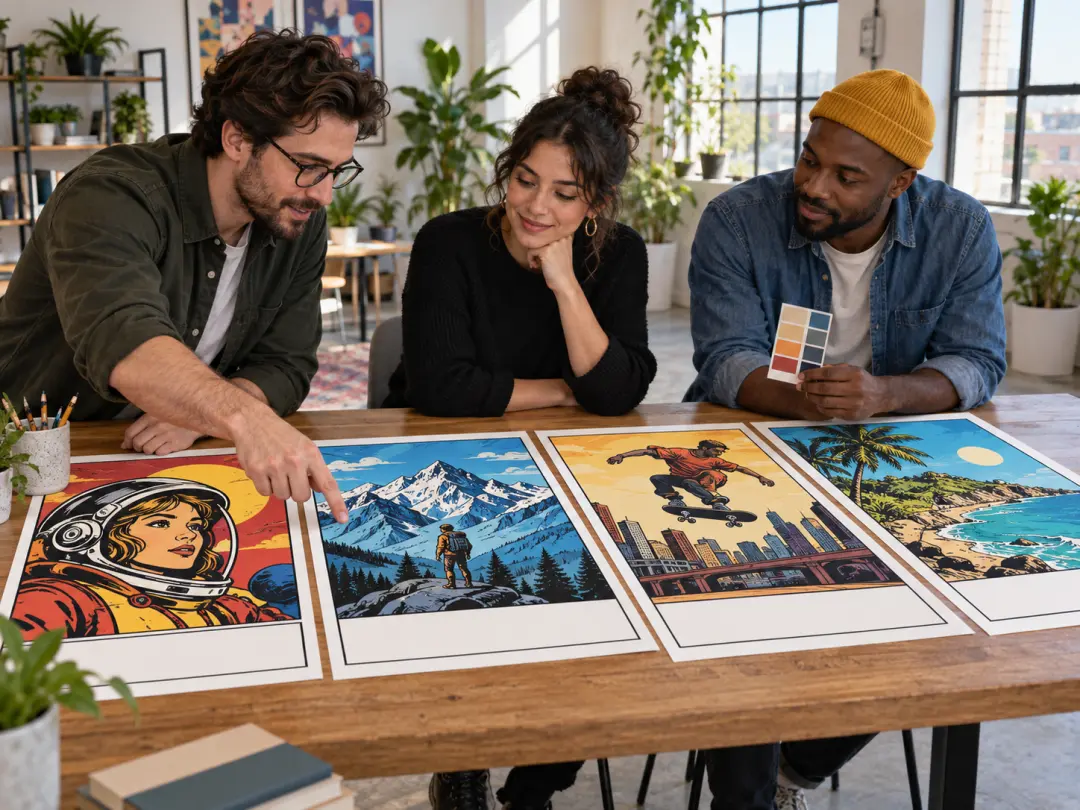 Small marketing team reviewing original meme-style campaign prints on a bright table