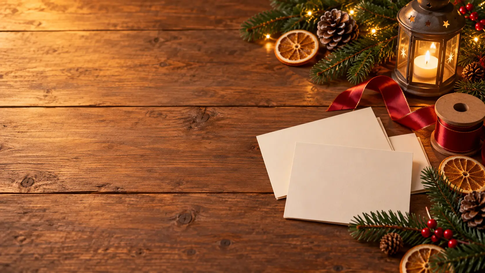Warm Christmas worktable with blank cards, pine branches and lanterns leaving space for a call to action