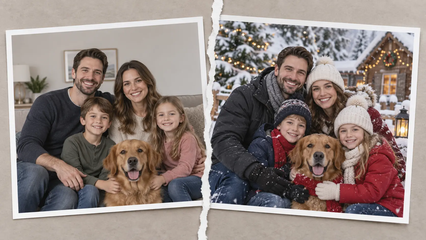 A plain family photo being restyled into a festive Christmas card scene