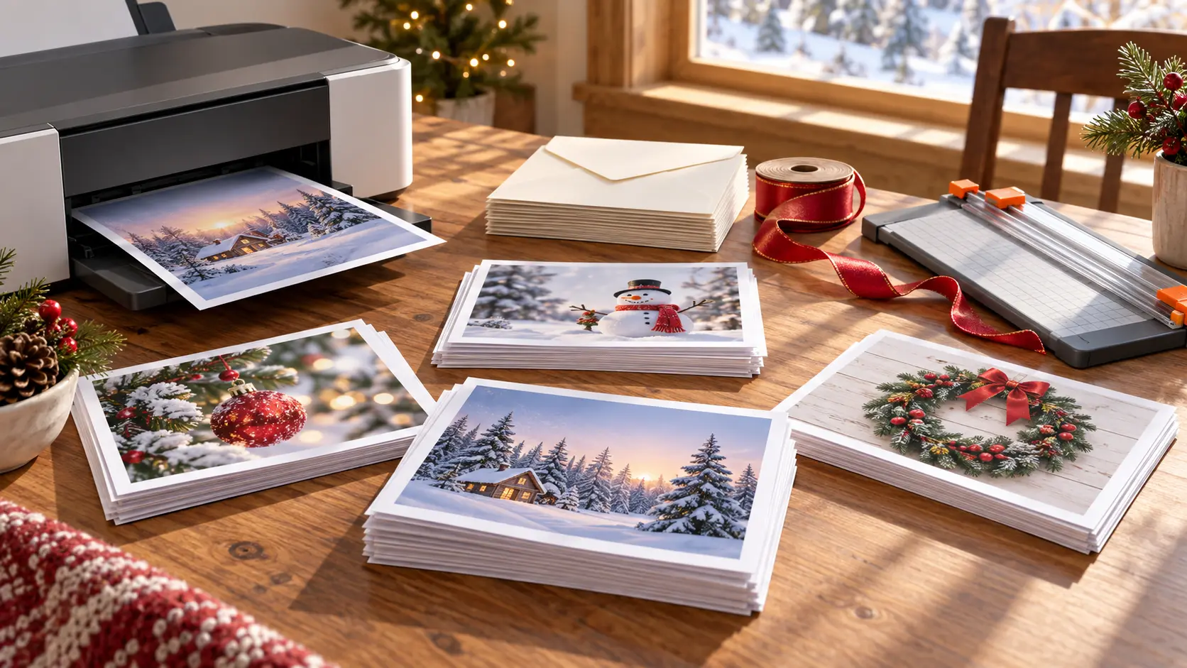 Printed Christmas images stacked beside a printer ready for cards and posters