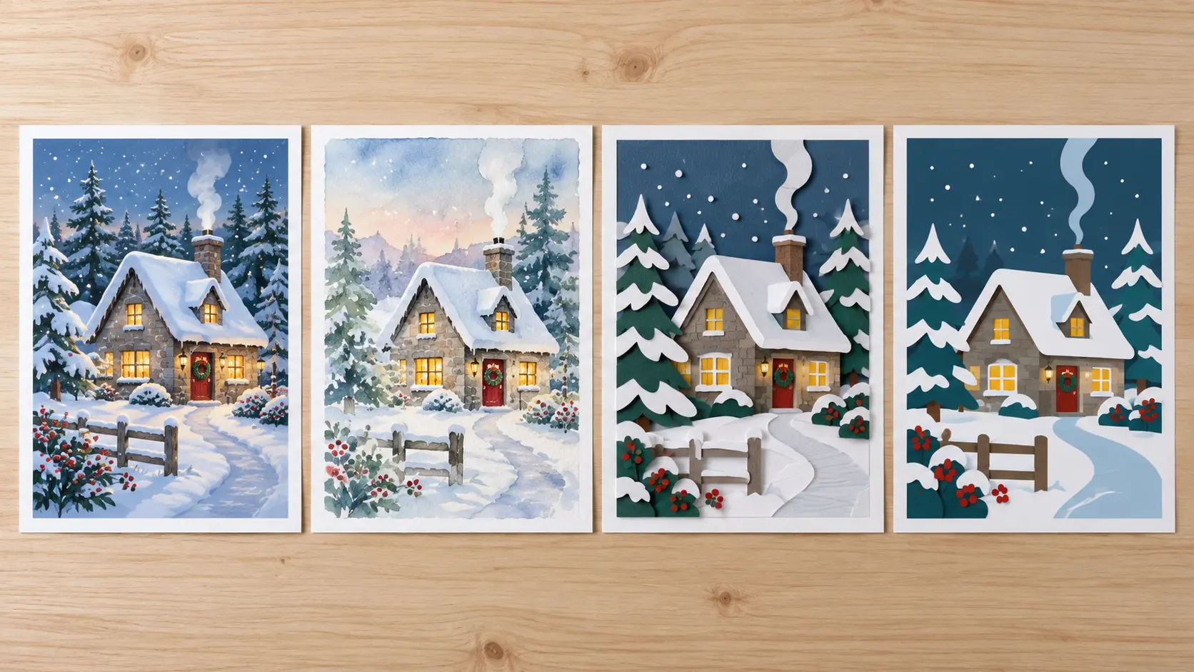 One Christmas scene shown in illustration, watercolour and paper cut-out styles