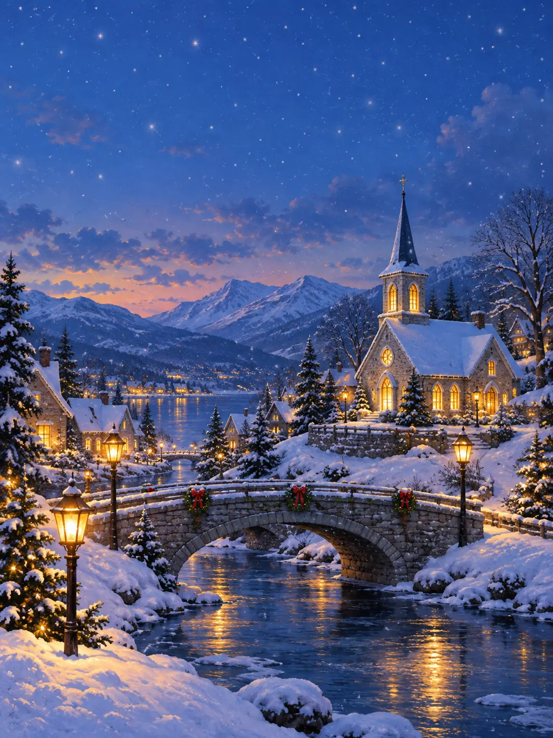 Christmas village scene made with a merry christmas images generator, showing glowing windows and soft falling snow