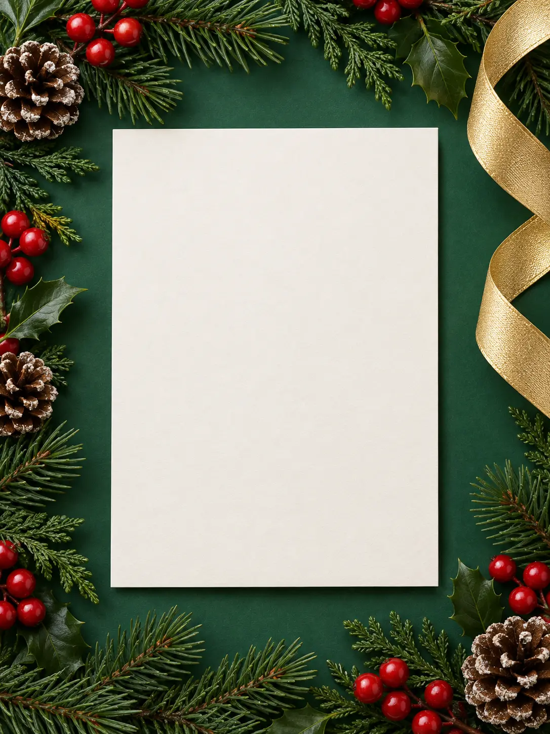 Elegant Christmas card front with a pine wreath and generous message space