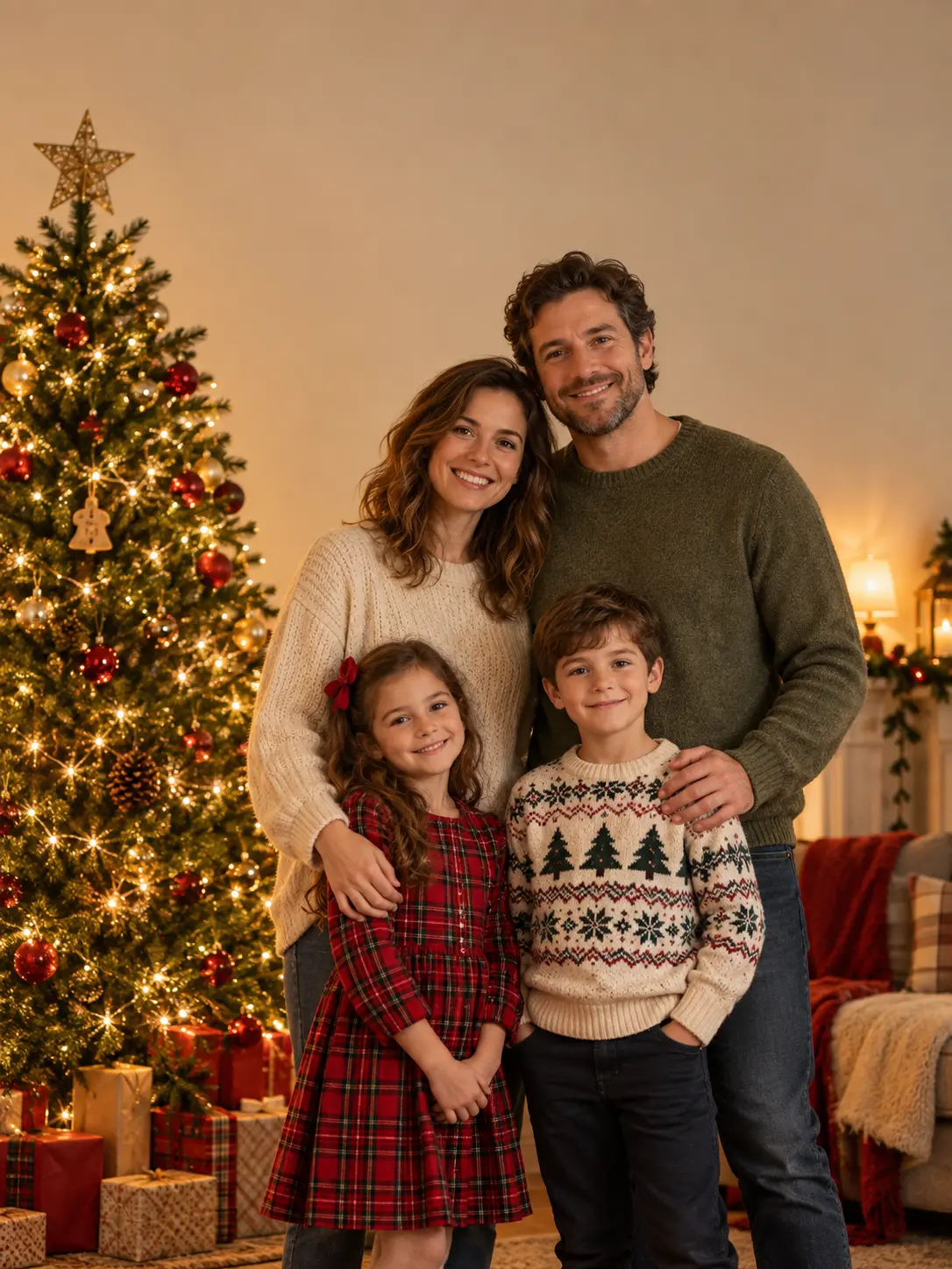 Family portrait styled as a Christmas card beside a decorated tree in warm light