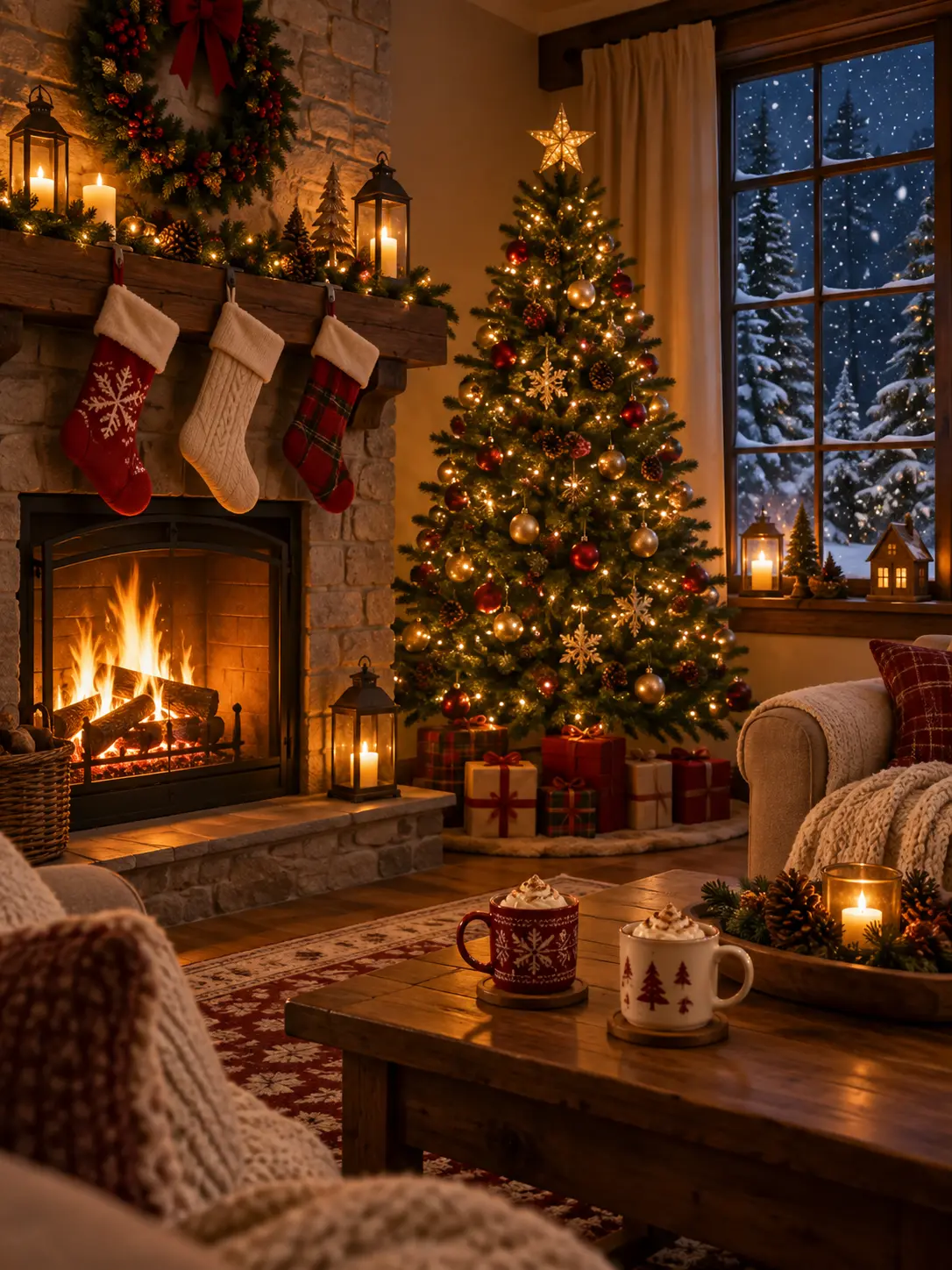 Cosy Christmas living room scene with a lit tree and stockings on the mantel