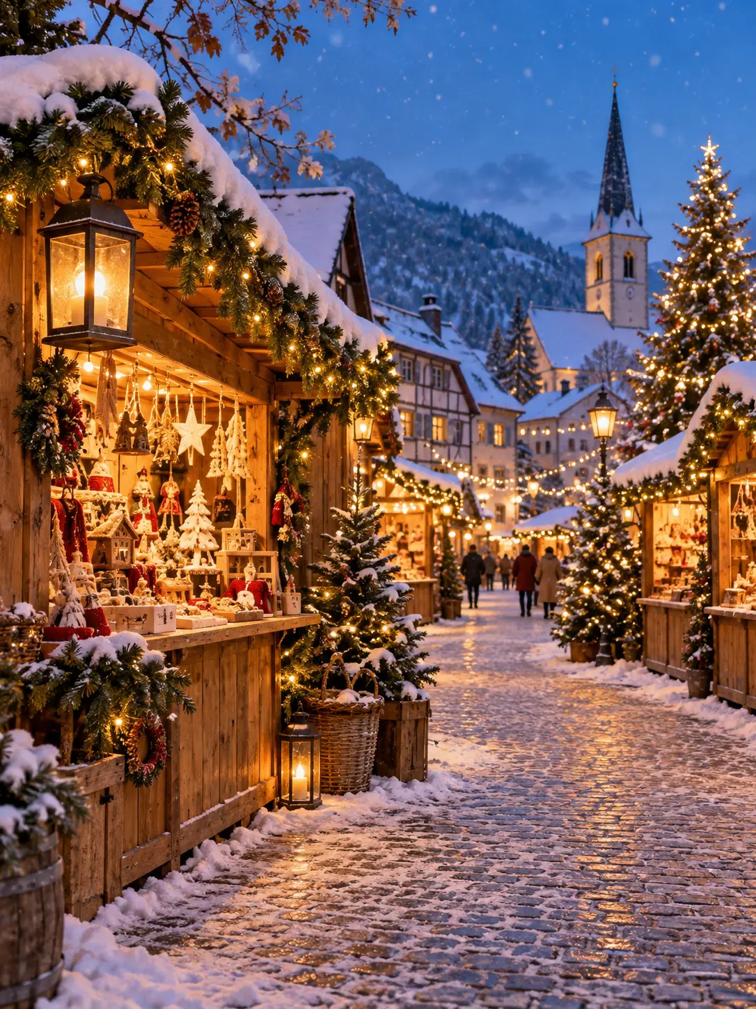 Christmas market scene made with a merry christmas images generator, showing timber stalls and warm string lights