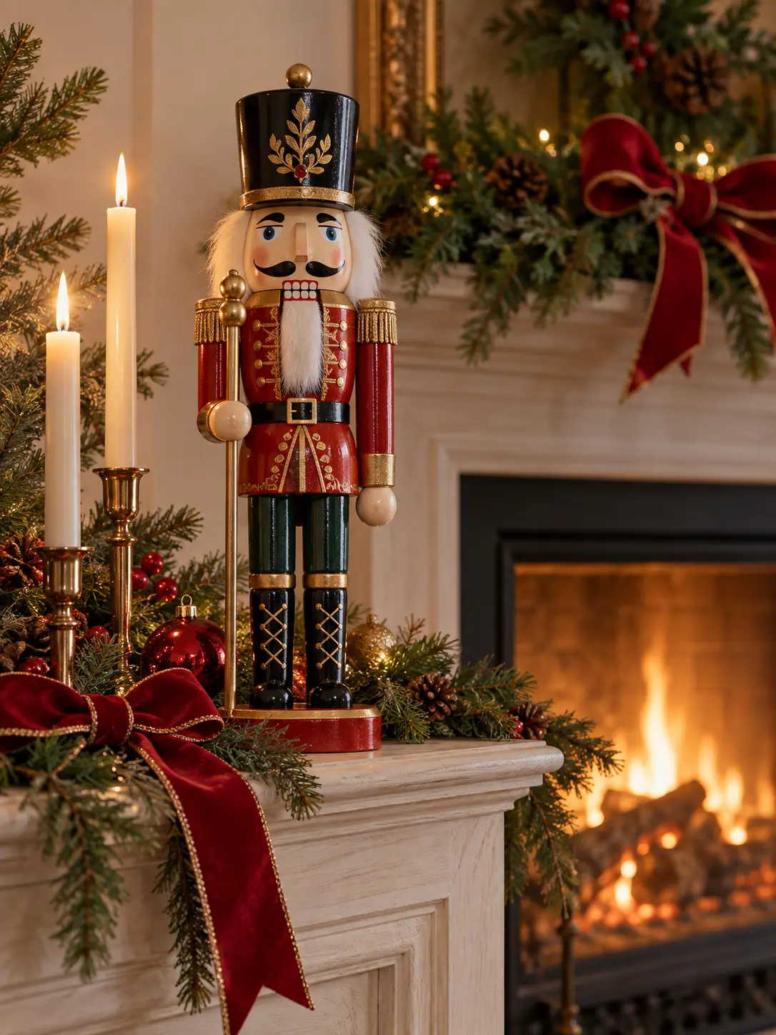 Festive mantel scene with a painted nutcracker, pine garland, candles, and red ribbon accents