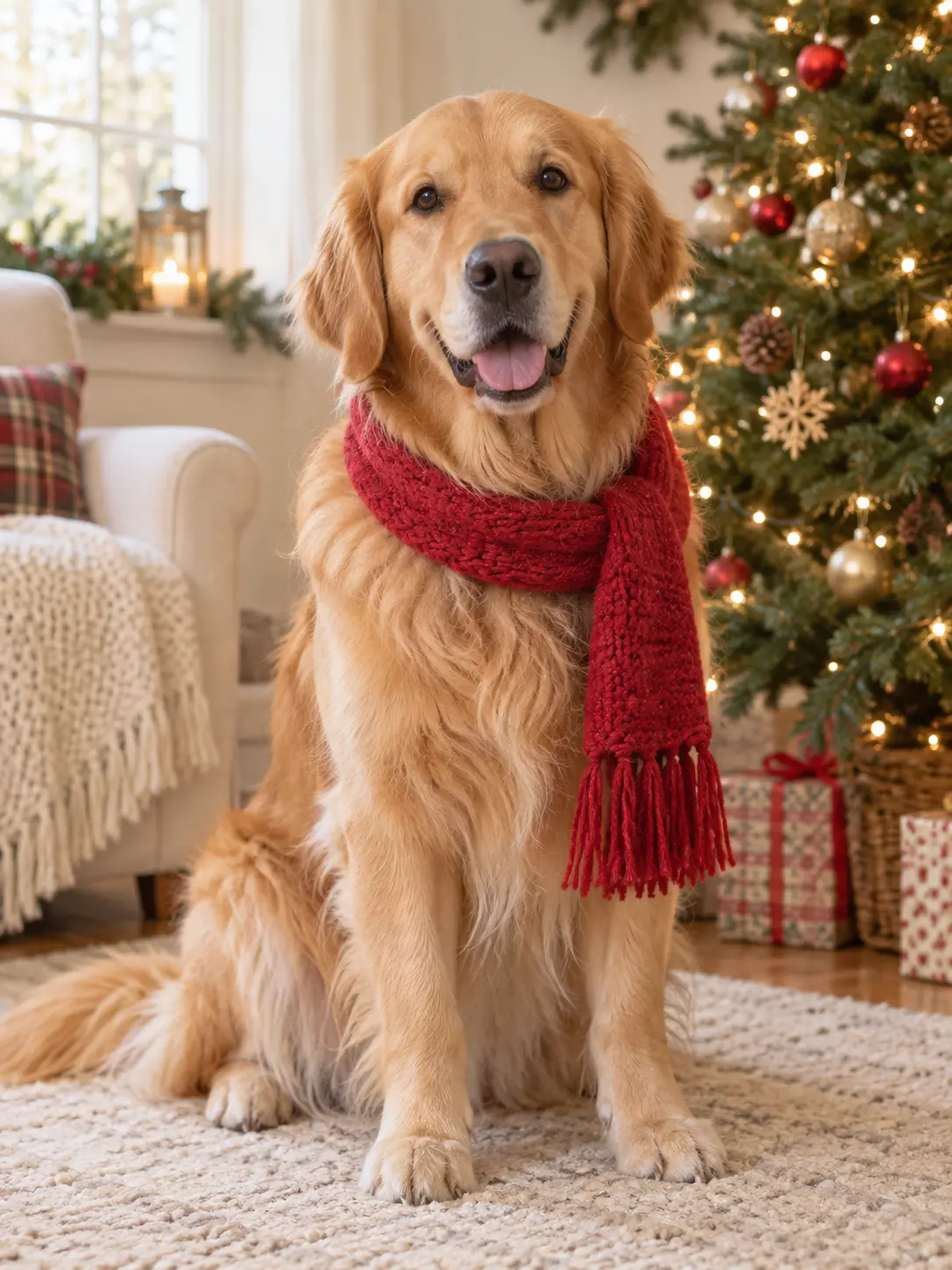 Warm holiday portrait of a golden retriever wearing a red scarf beside a Christmas tree
