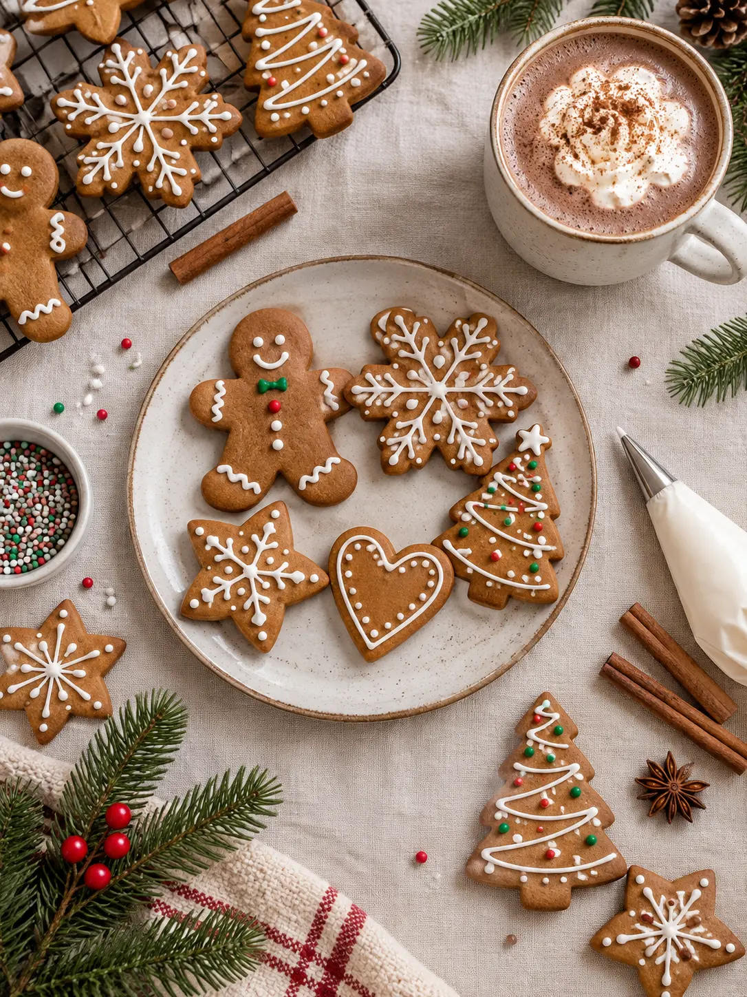 Cosy Christmas baking scene with decorated gingerbread cookies, mugs, and evergreen branches
