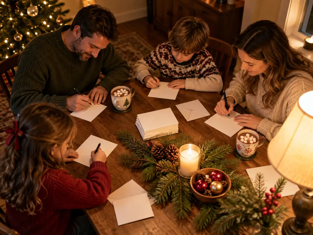 Family writing Christmas cards at a table using festive images from a merry christmas images generator