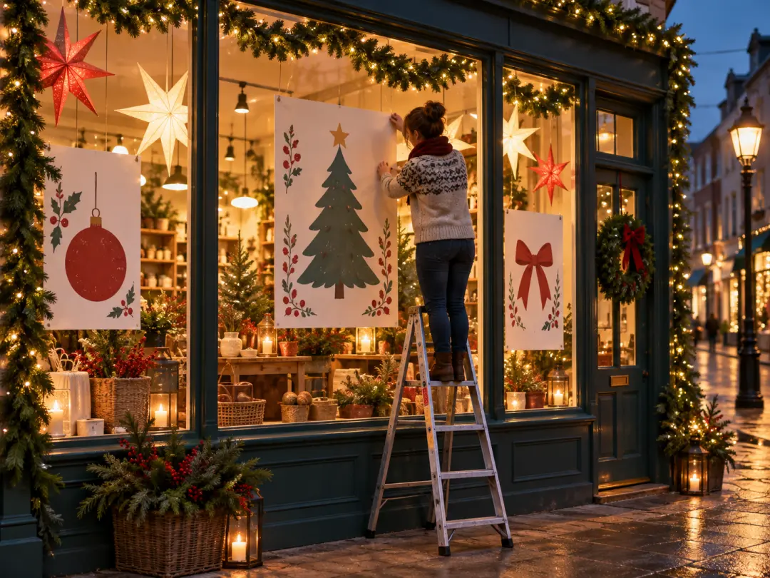 Small shop preparing a Christmas window display with printed festive artwork