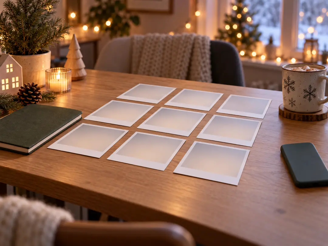 Creator planning Christmas social posts with festive images on a desk