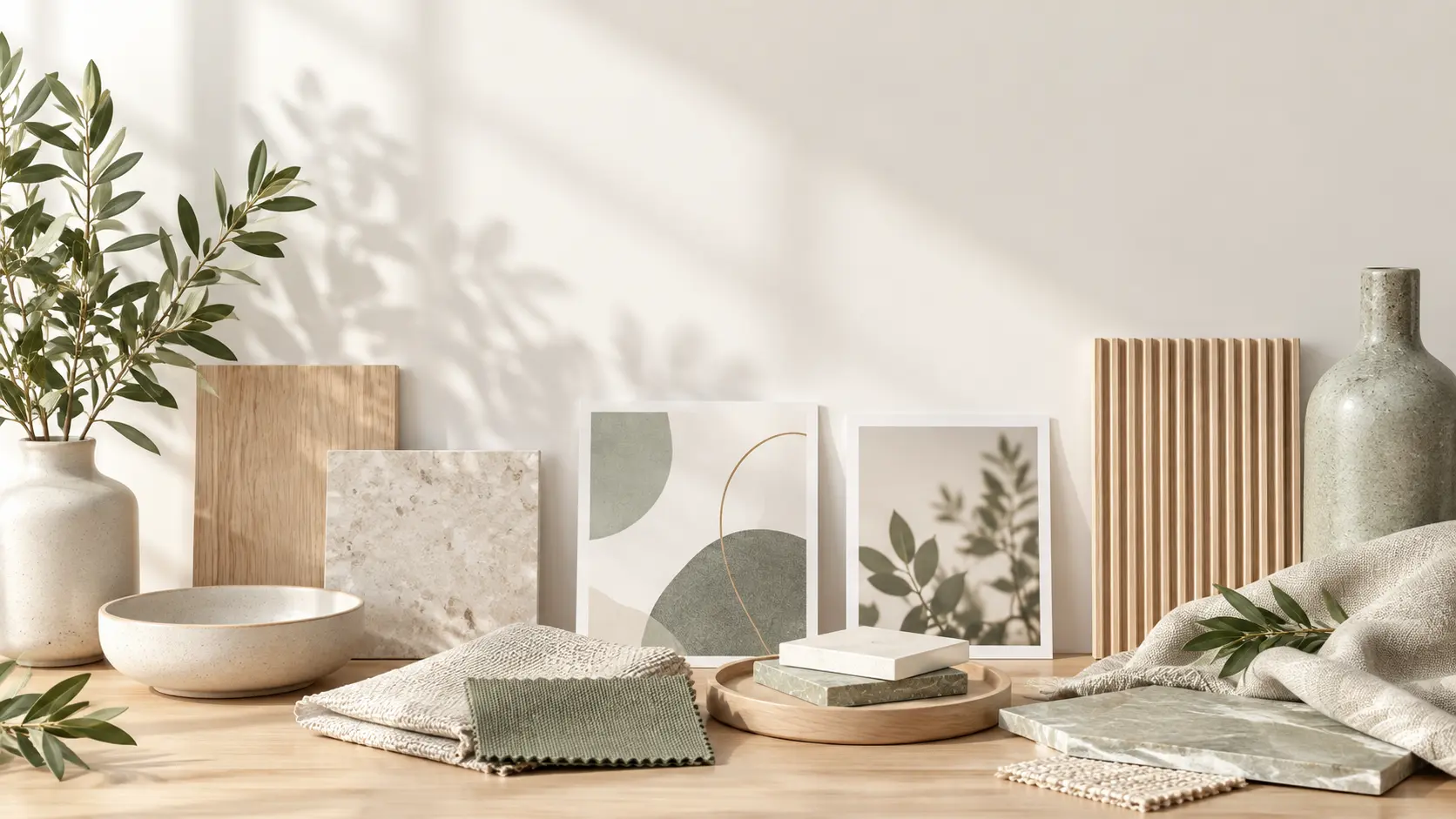 Wide table with natural material samples, printed mood references, and calm open space for call-to-action copy