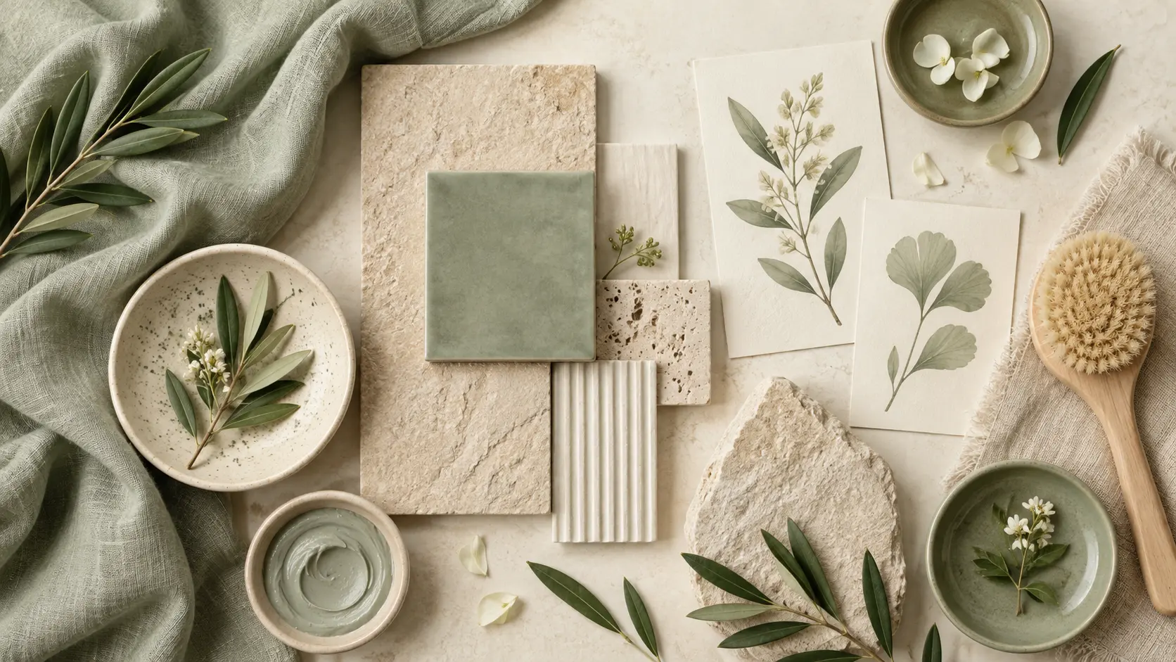 Natural skincare mood board samples arranged as a coherent atmosphere with ceramic and linen textures
