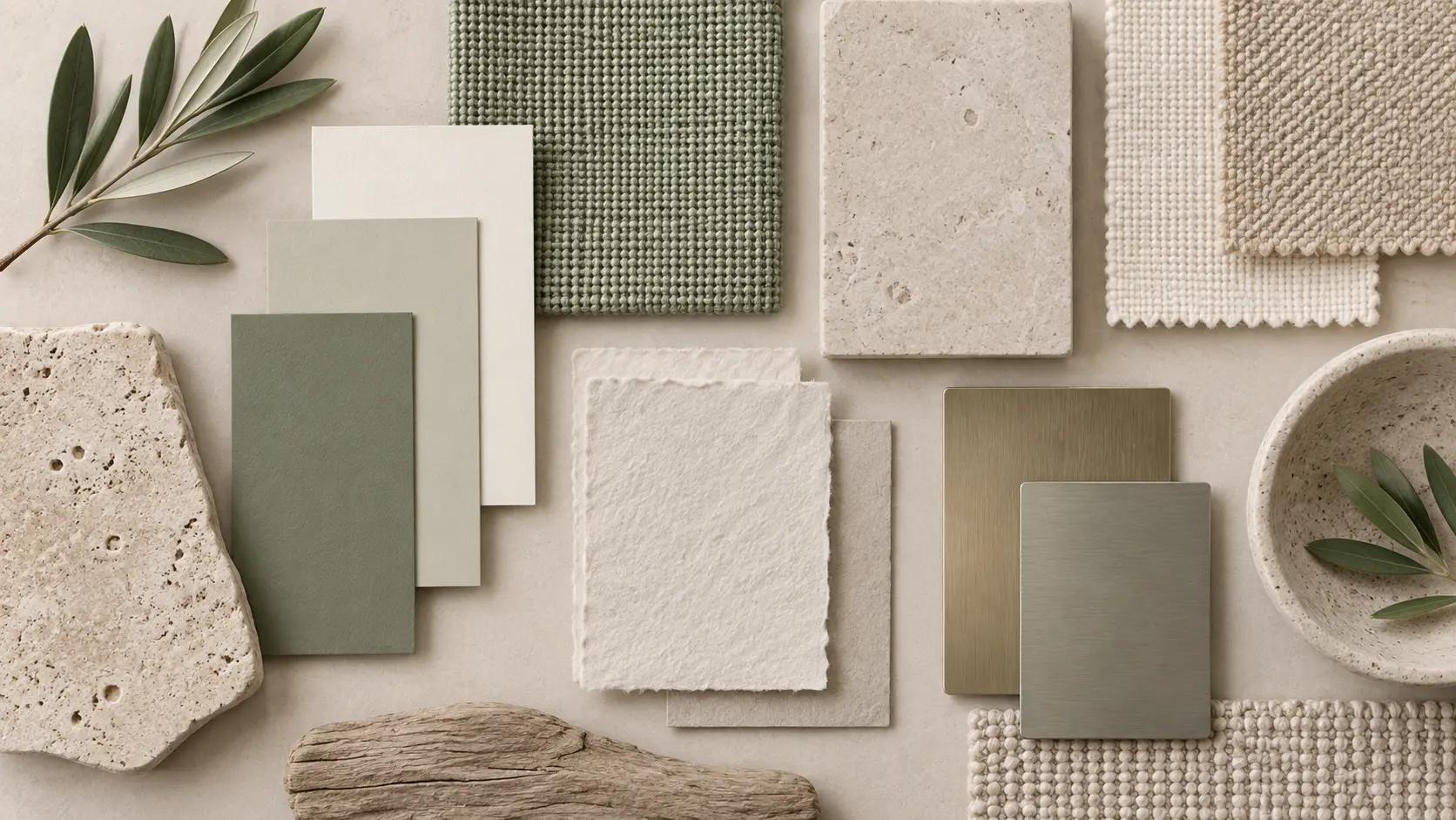 Color swatches, woven cloth, stone, paper, and paint samples organized for a material mood board