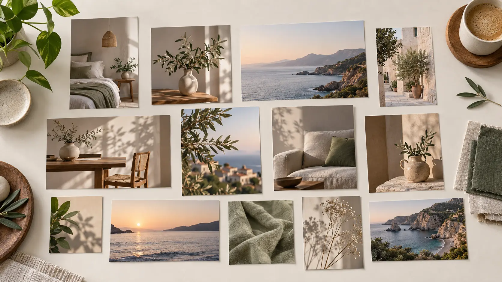 Mixed portrait, square, and landscape mood board prints arranged in a balanced reference wall