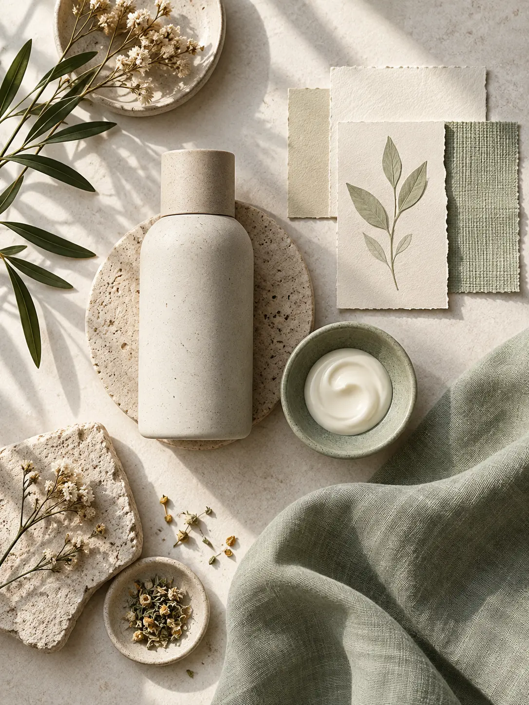 A calm natural skincare mood board with a ceramic bottle, pale sage linen, cream paper swatches, dried botanicals, and soft morning window light
