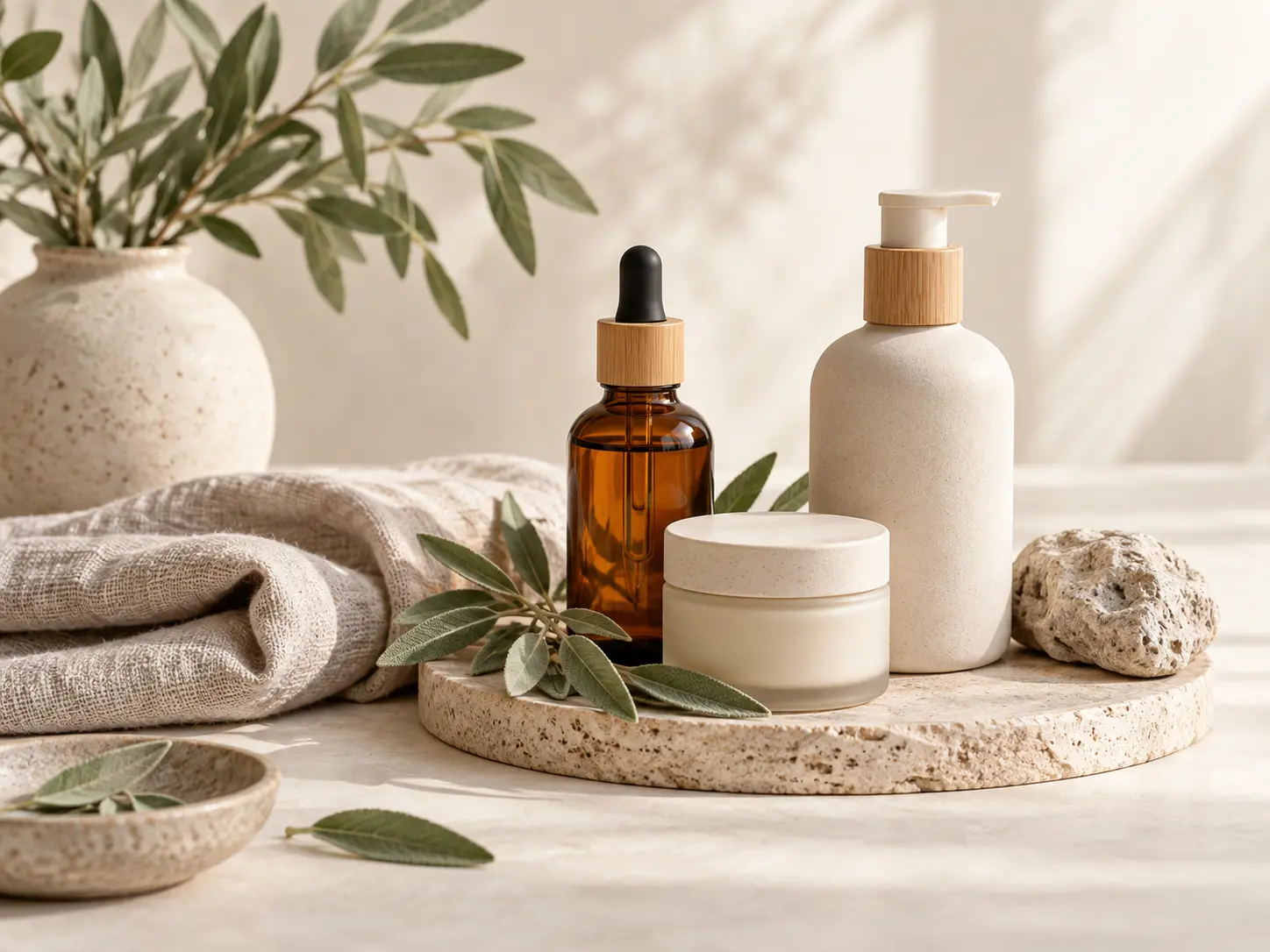 Natural skincare mood board with ceramic bottles, sage leaves, linen, and soft morning light