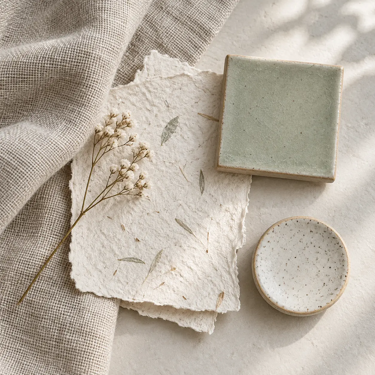 Close view of linen, botanical paper, and pale sage material samples for a mood board