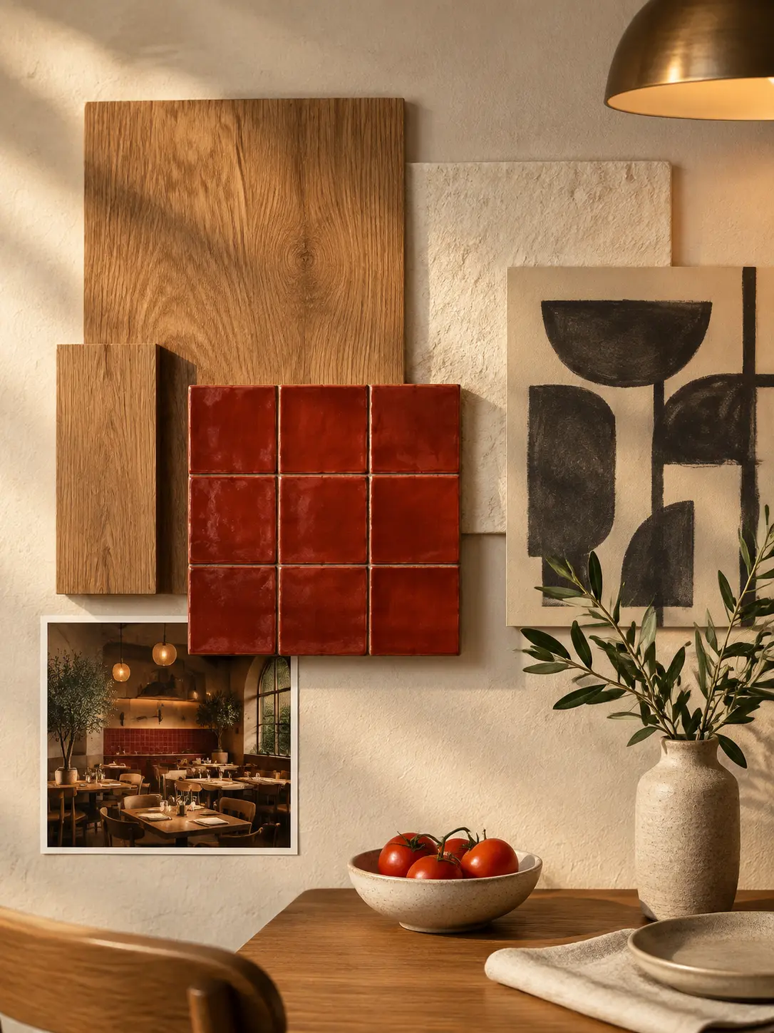 A modern neighborhood restaurant mood board with warm oak samples, tomato-red ceramic tiles, cream plaster, charcoal abstract sketch shapes without lettering, and relaxed evening light