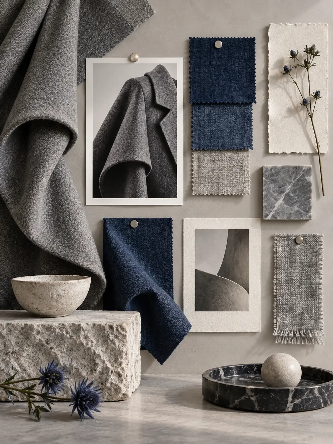 An editorial fashion mood board with sculptural tailored fabric, stone-gray wool, muted cobalt swatches, silver pins, and a gallery-like arrangement