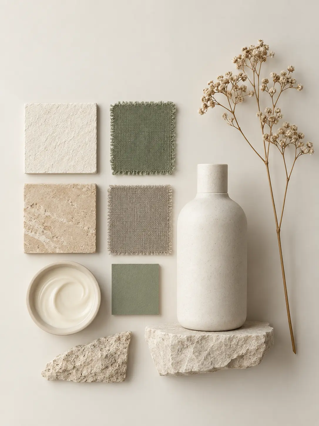 Minimal arrangement of cream, sage, and sand color references with a ceramic bottle