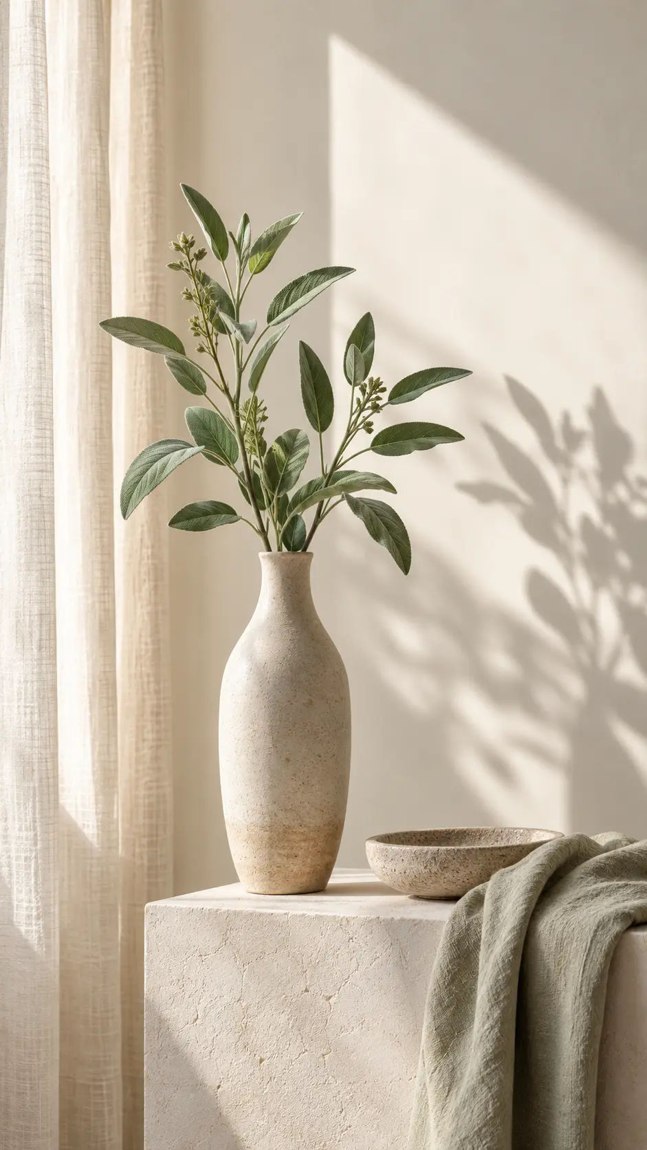 Tall botanical still life in a calm natural skincare palette for a mood board closing frame