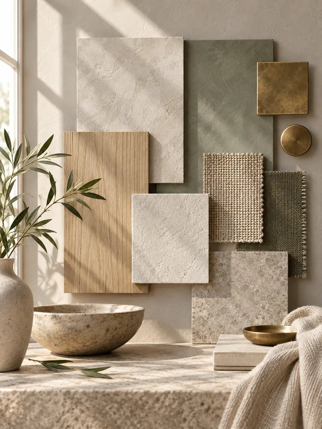 A quiet interior mood board with limewash plaster samples, aged brass, pale oak veneer, woven textiles, and generous architectural daylight