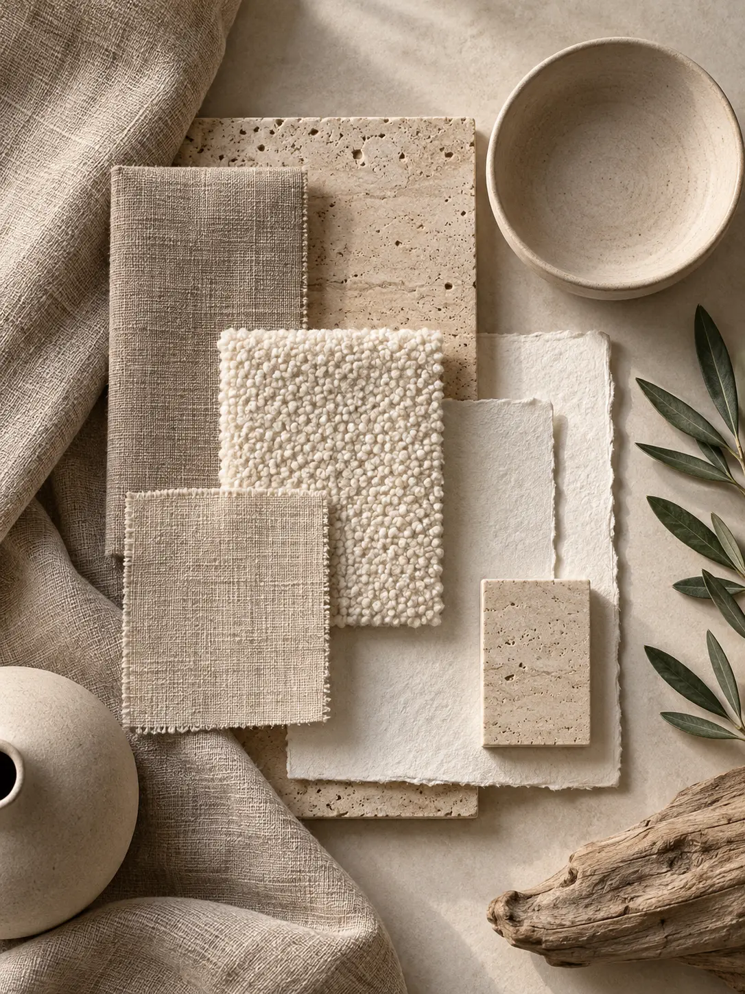 A layered material study of natural linen, cream boucle, travertine, unglazed ceramic, and fine paper fibers arranged as tactile swatches