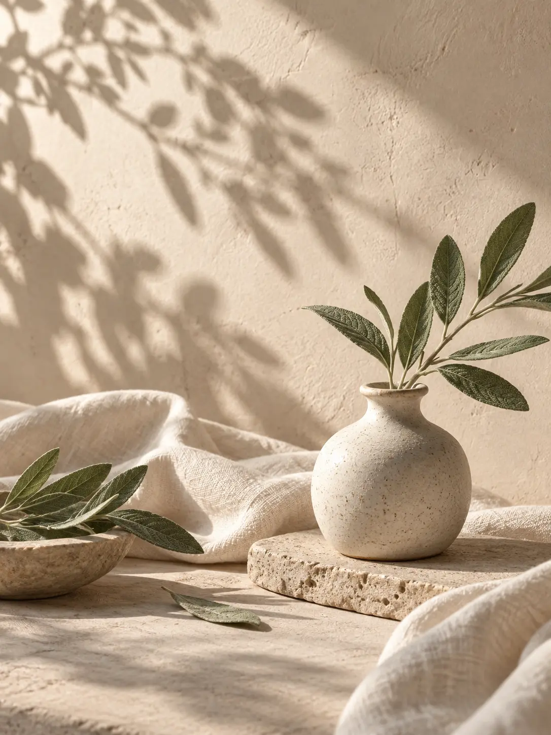 Delicate botanical shadows falling across a warm plaster surface with a small ceramic vessel, sage leaves, and soft cream fabric details