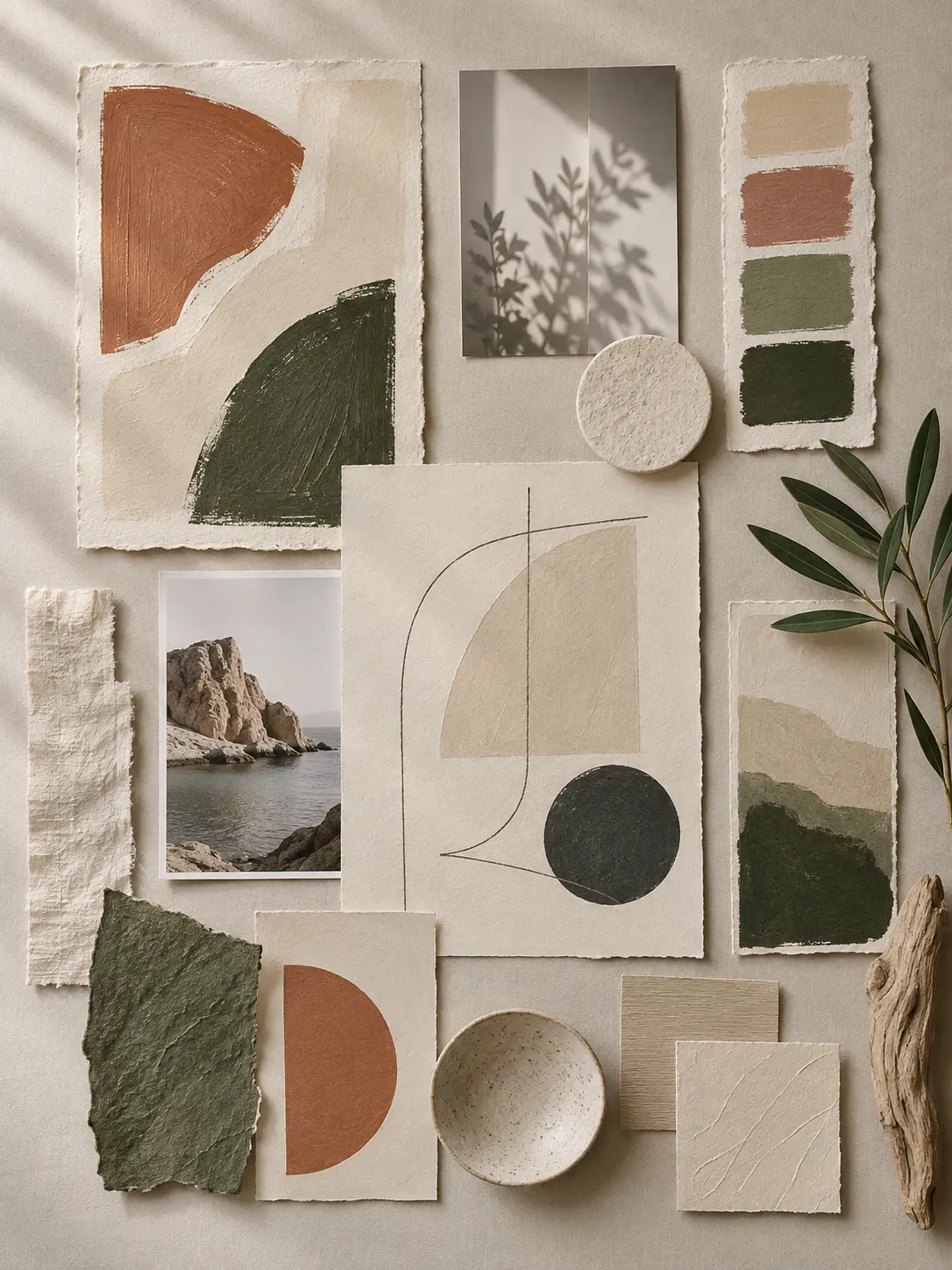 A refined mood board of abstract painted paper shapes, torn-edge color studies, geometric cutouts, and subtle pencil marks with no readable symbols or lettering