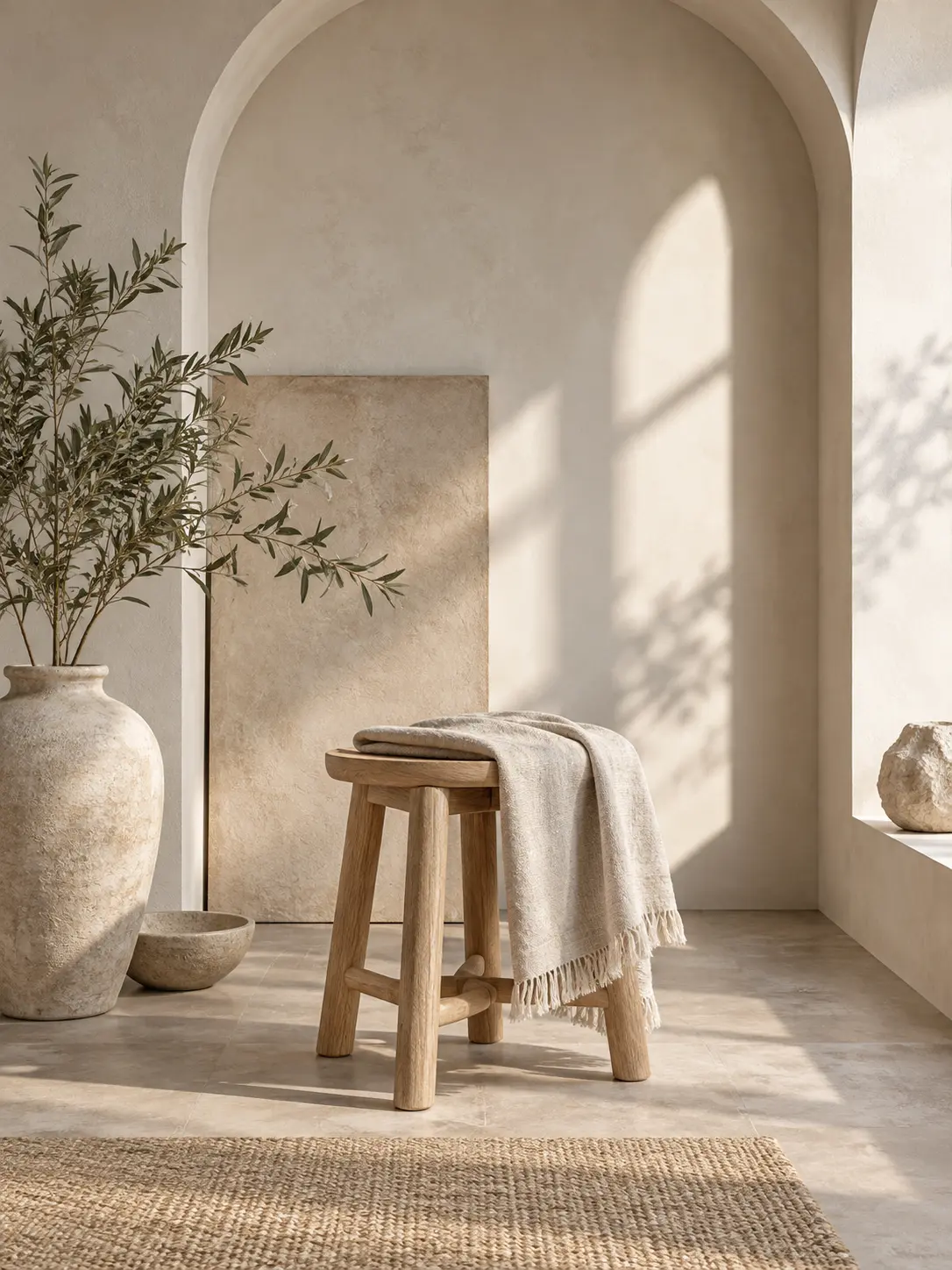 A serene arched interior vignette with a plaster wall, pale oak stool, folded linen, sculptural vase, and soft architectural shadow as an atmosphere reference