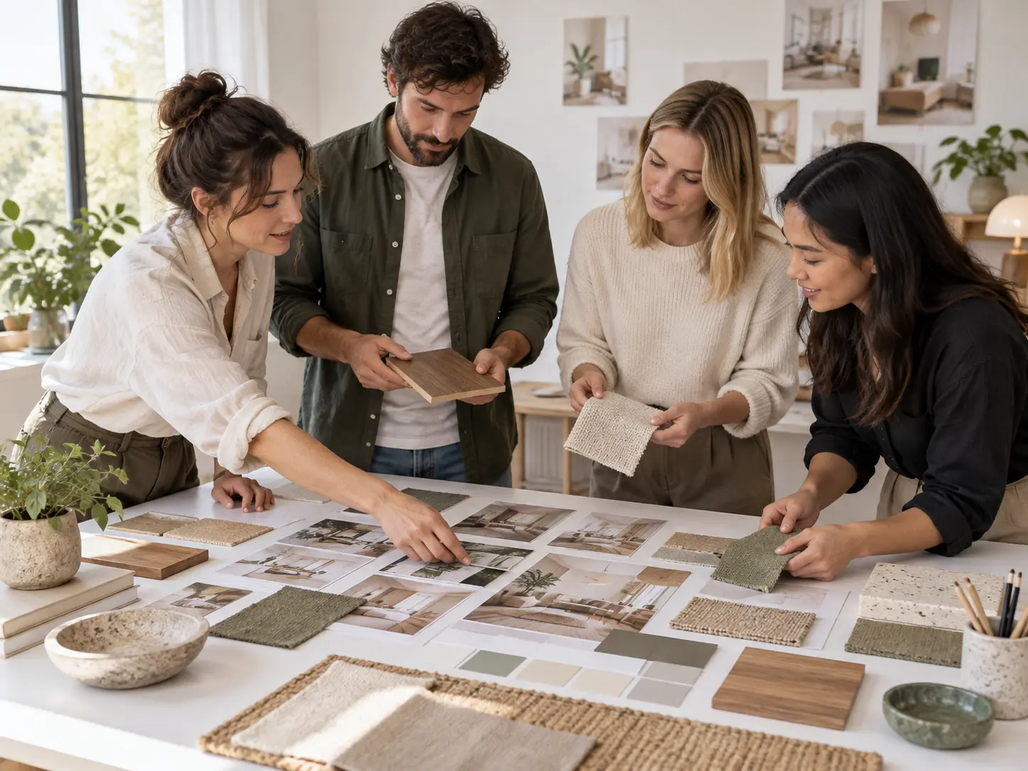 Creative team reviewing printed mood board references around a bright table without fake screens