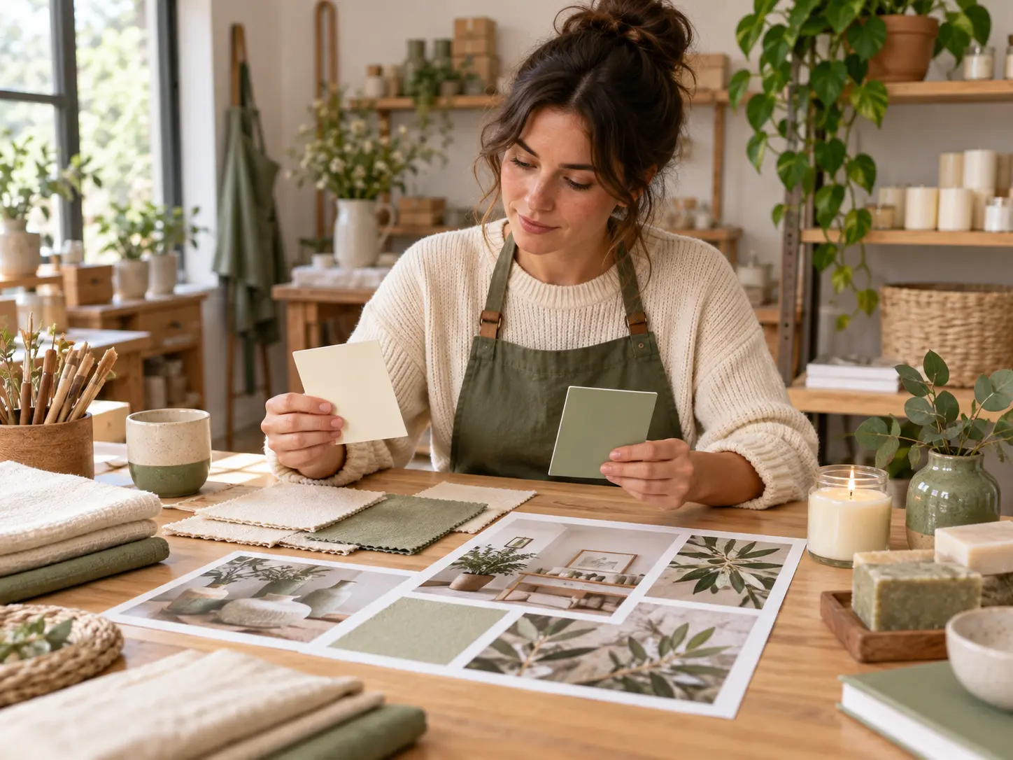 Small business owner comparing color, fabric, and product mood references in a warm workspace