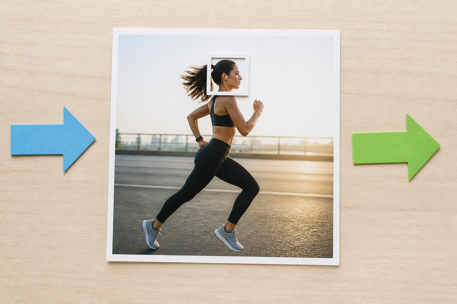 Action photo with direction and subject clarity notes arranged beside it