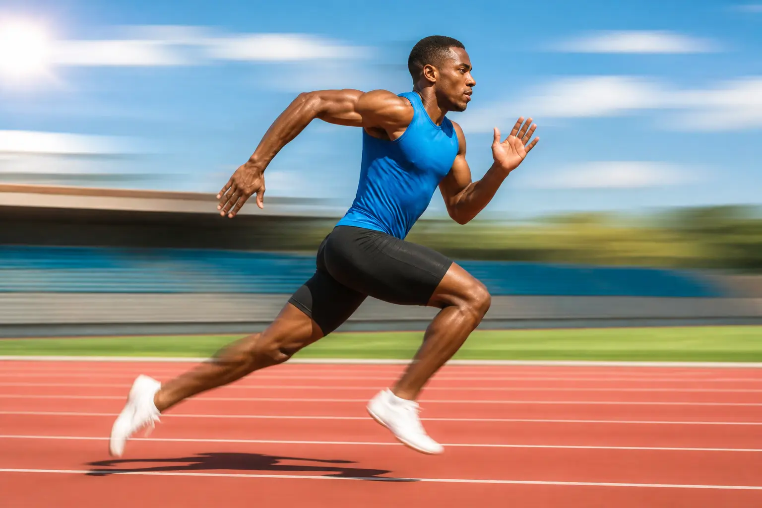 Runner with directional motion blur in a bright sports photograph