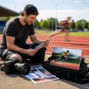Action creator reviewing a motion blur photo in a bright training space