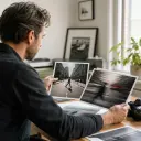 Photographer comparing sharp and motion-brushed versions of a street photo