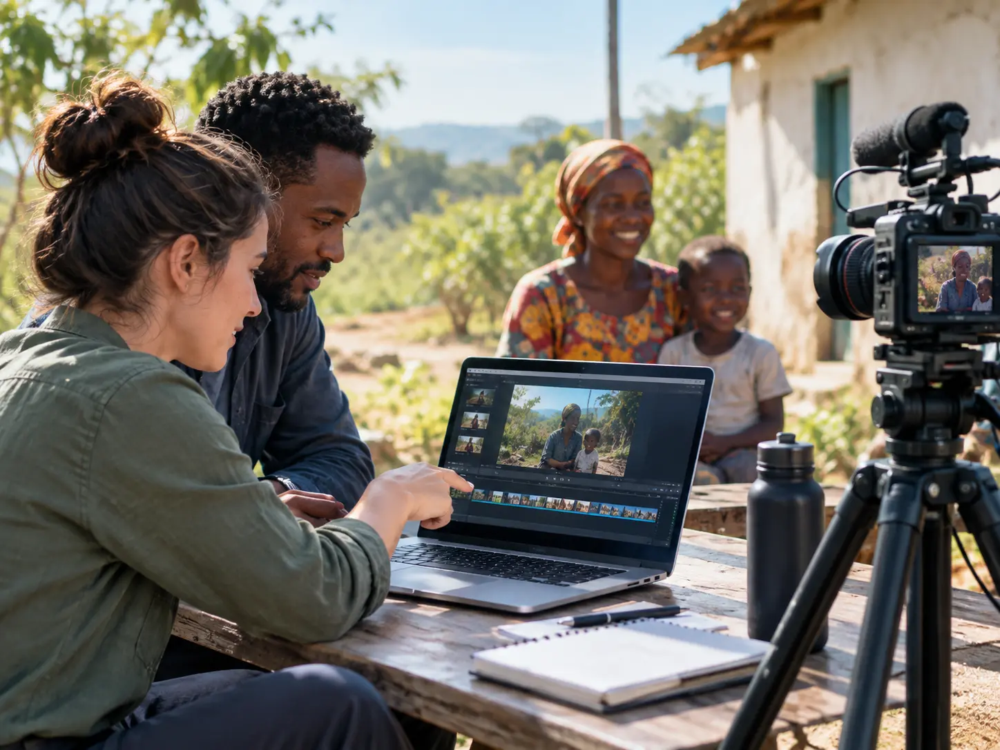 Project photos and a logo arranged into scenes for a nonprofit video