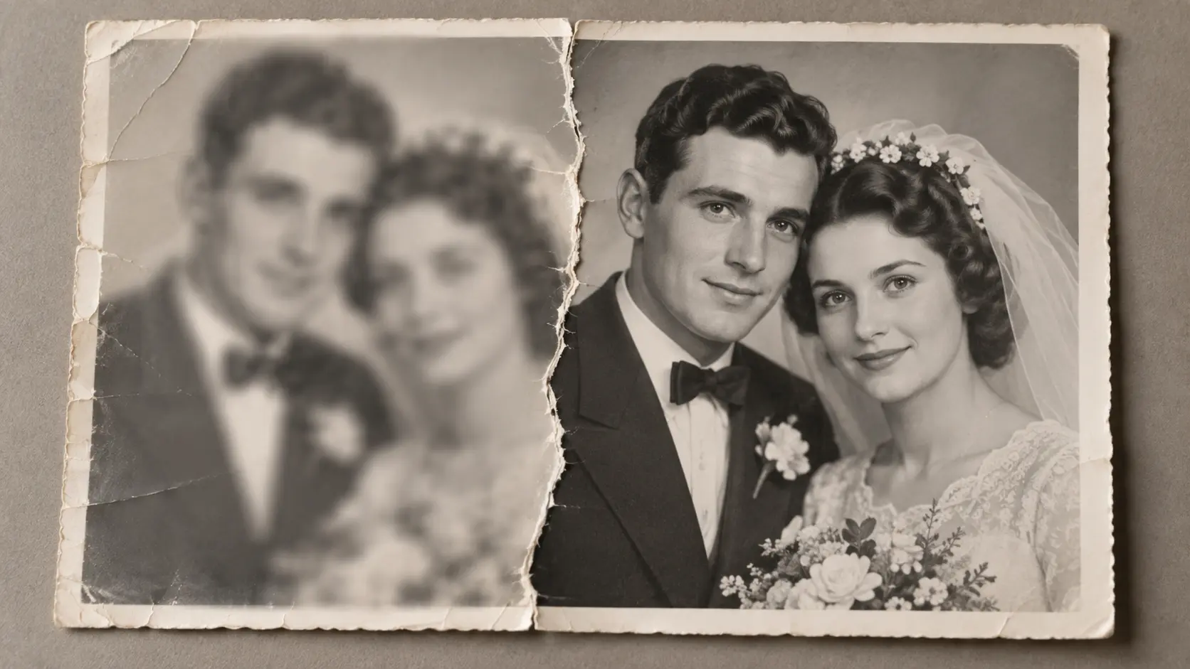 Old photo restoration sharpening a blurry wedding portrait so faces read clearly
