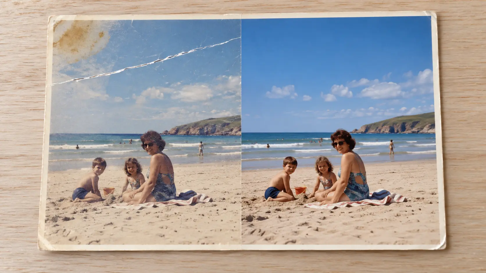 Photo restoration repairing a scratch and stain on an old beach photograph