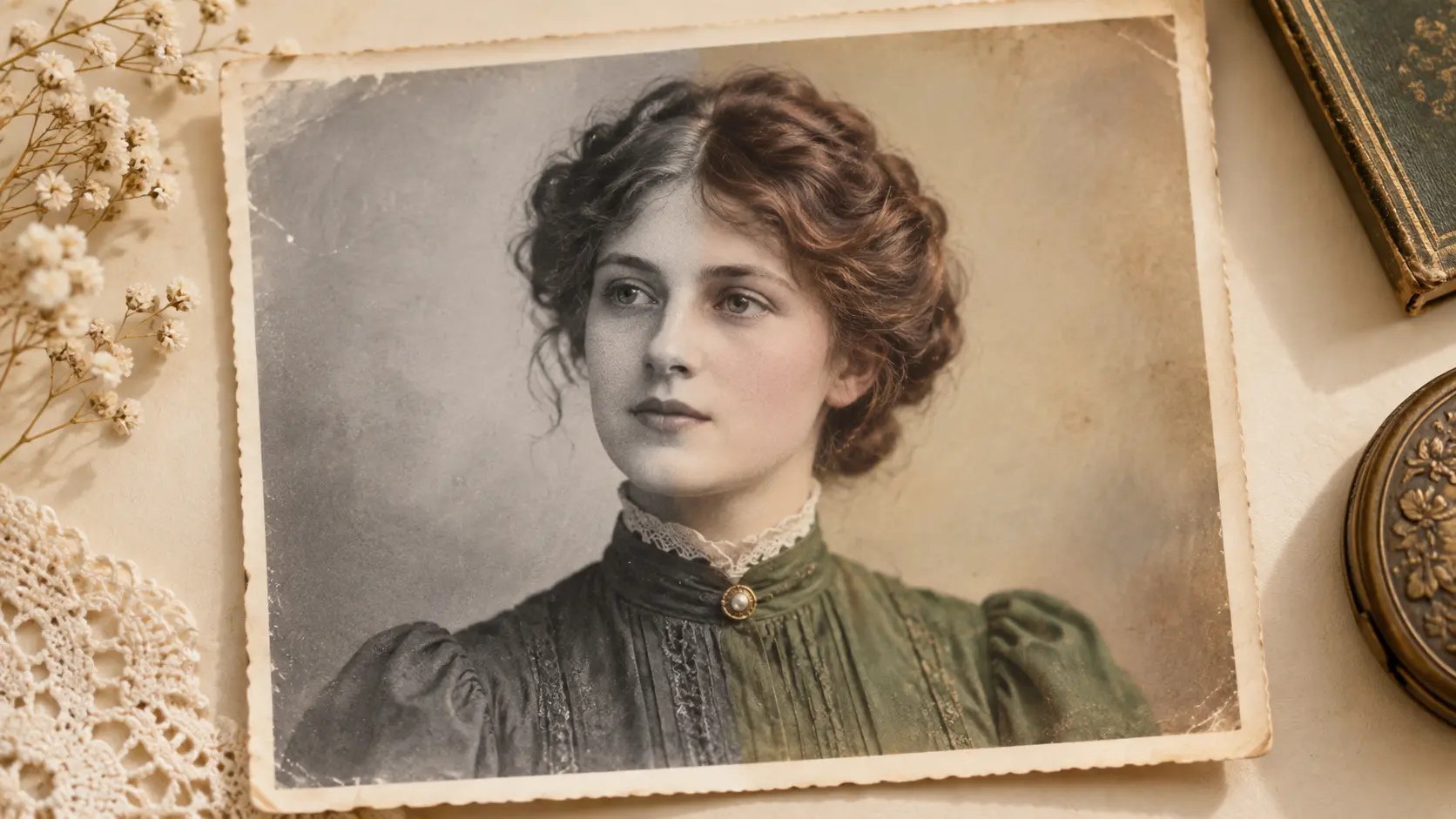 Black-and-white portrait colourised with natural skin tones and muted clothing colours