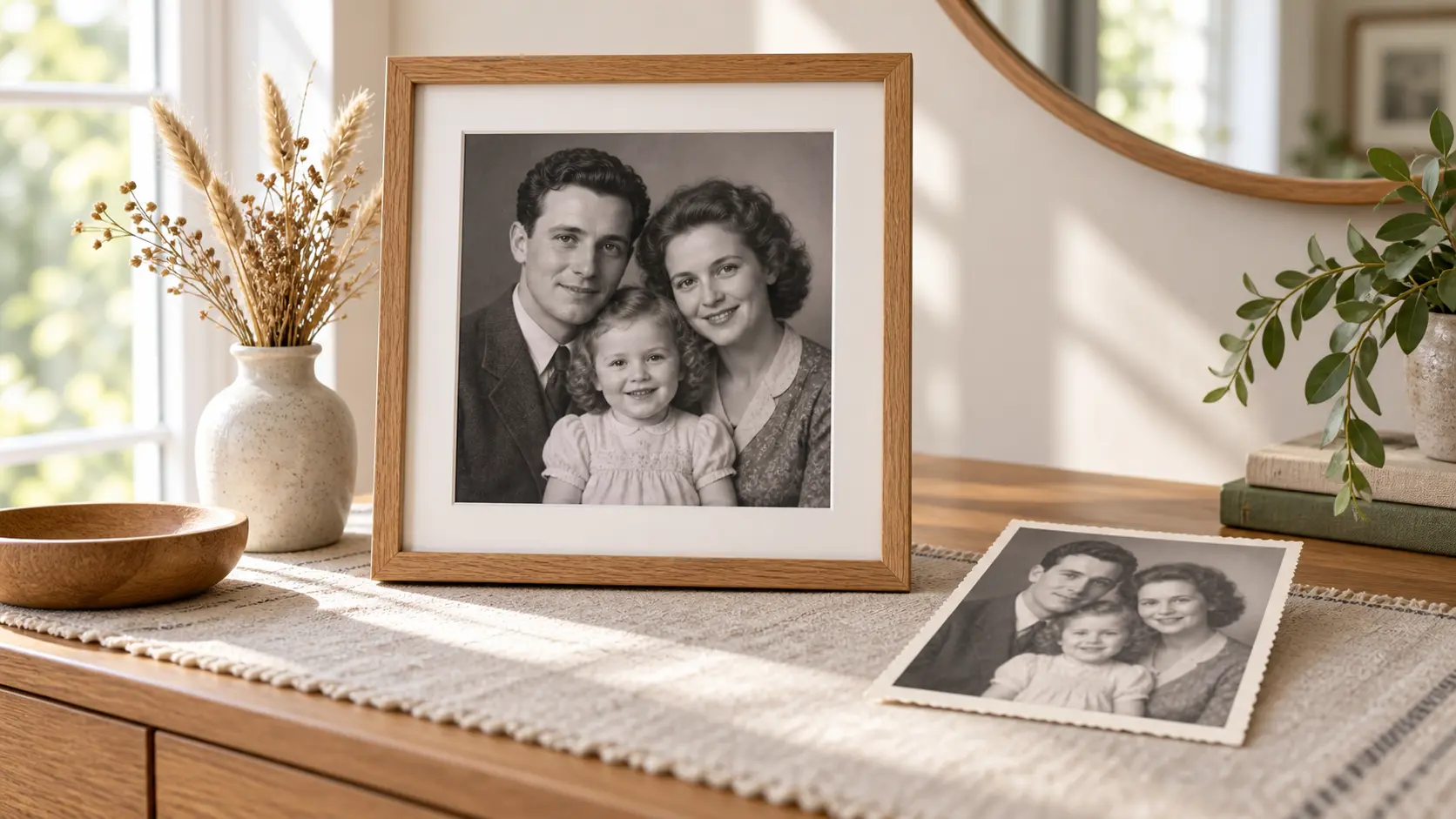 Restored family portrait framed for printing beside the original paper copy