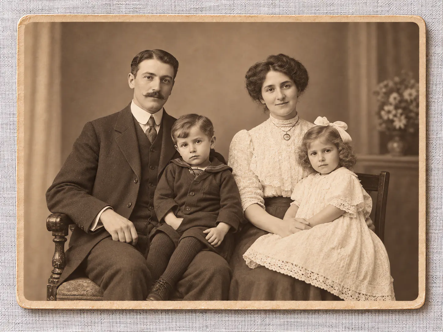 Old photo restoration result with sharper faces, repaired marks, and restored tone
